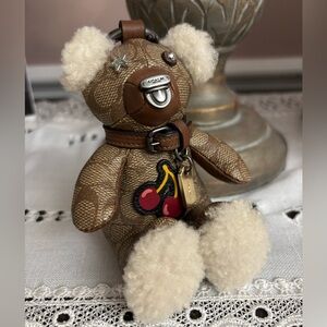 COACH Brown Signature Teddy Bear Bag Charm with Shearling Accents